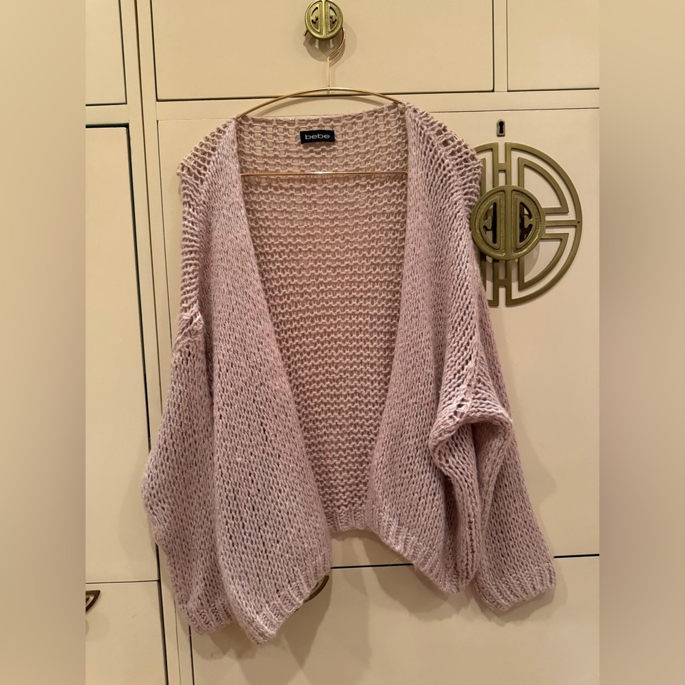 bebe light pink chunky knit open-front cardigan